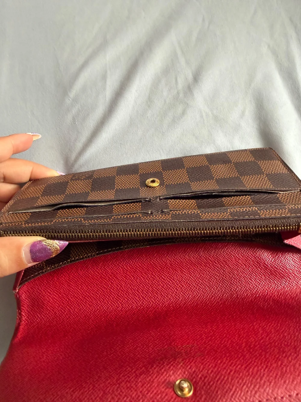 Louis Vuitton Brown Damier Check Long Wallet with Red Snap